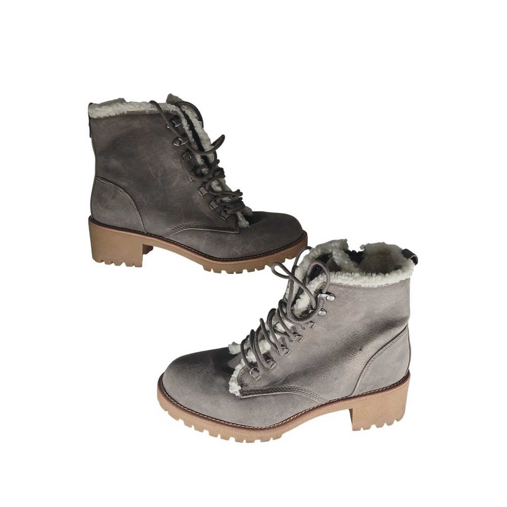 Sugar Quizzed Combat Boots 10M Grey Faux Shearling Trim Lug Sole Ankle‎ Boots